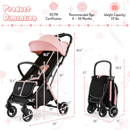 HONEY JOY Lightweight Baby Stroller, Compact Travel Stroller for Airplane, Fits Airplane Cabin & Overhead, One-Hand Gravity Fold, Self-Standing Toddler Stroller w/Adjustable Backrest/Canopy(Pink)