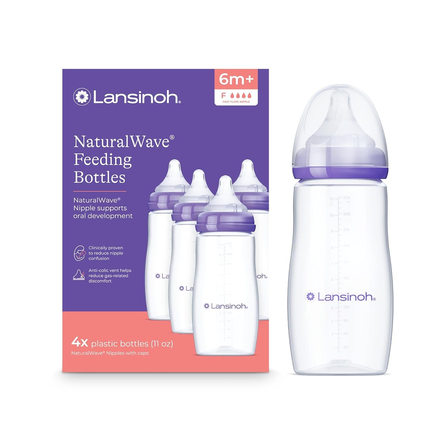 Lansinoh Anti-Colic Baby Bottles, BPA-Free Plastic, 5 Ounces, 4 Count, Extra Slow Flow Nipples (Size XS), Breastfeeding Bottle with NaturalWave Design
