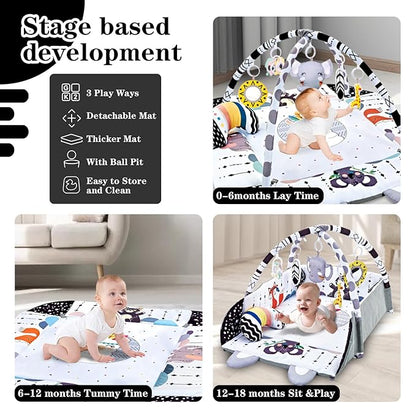 Baby Gym Play Mat, 8-in-1 Tummy Time Mat & Activity Gym, Washable Ball Pit, Infant Play Mat with Detachable Toys for Sensory Exploration and Motor Skill Development