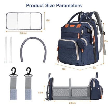 Baby Diaper Bag Backpack, with Diaper Changing Station, Multi-functional Travel Diaper Waterproof Backpack, for Baby Boys and Girls, Folding Portable Nappy Changing Mat and Sun Canopy(Large Blue)