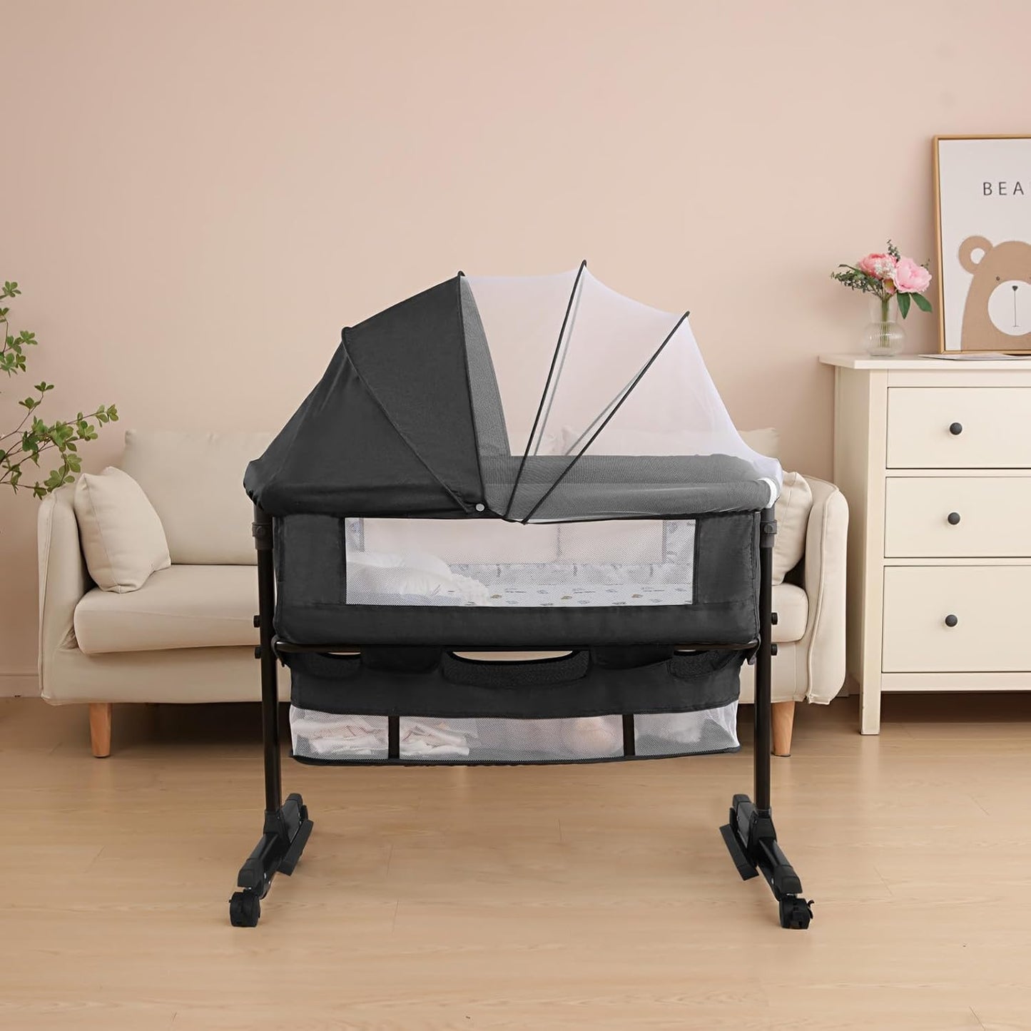 YADAQE Baby Bassinet, Baby Basinet Bedside Sleeper, Easy to Fold Portable Crib Side Bassinet 2025new Style Girl/boy bassinets(Light Grey)