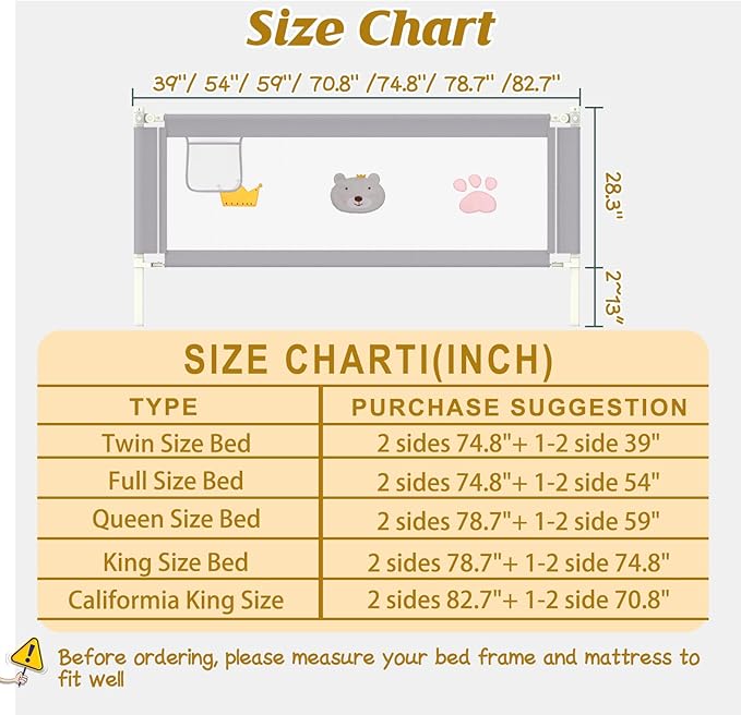 JWPEHOE Height Adjustable Bed Rail for Toddlers, Kids Safety Baby Bed Rail for Twin/Full/King/Queen Size Bed (3 Sides, 78 * 78 * 74 Inch)