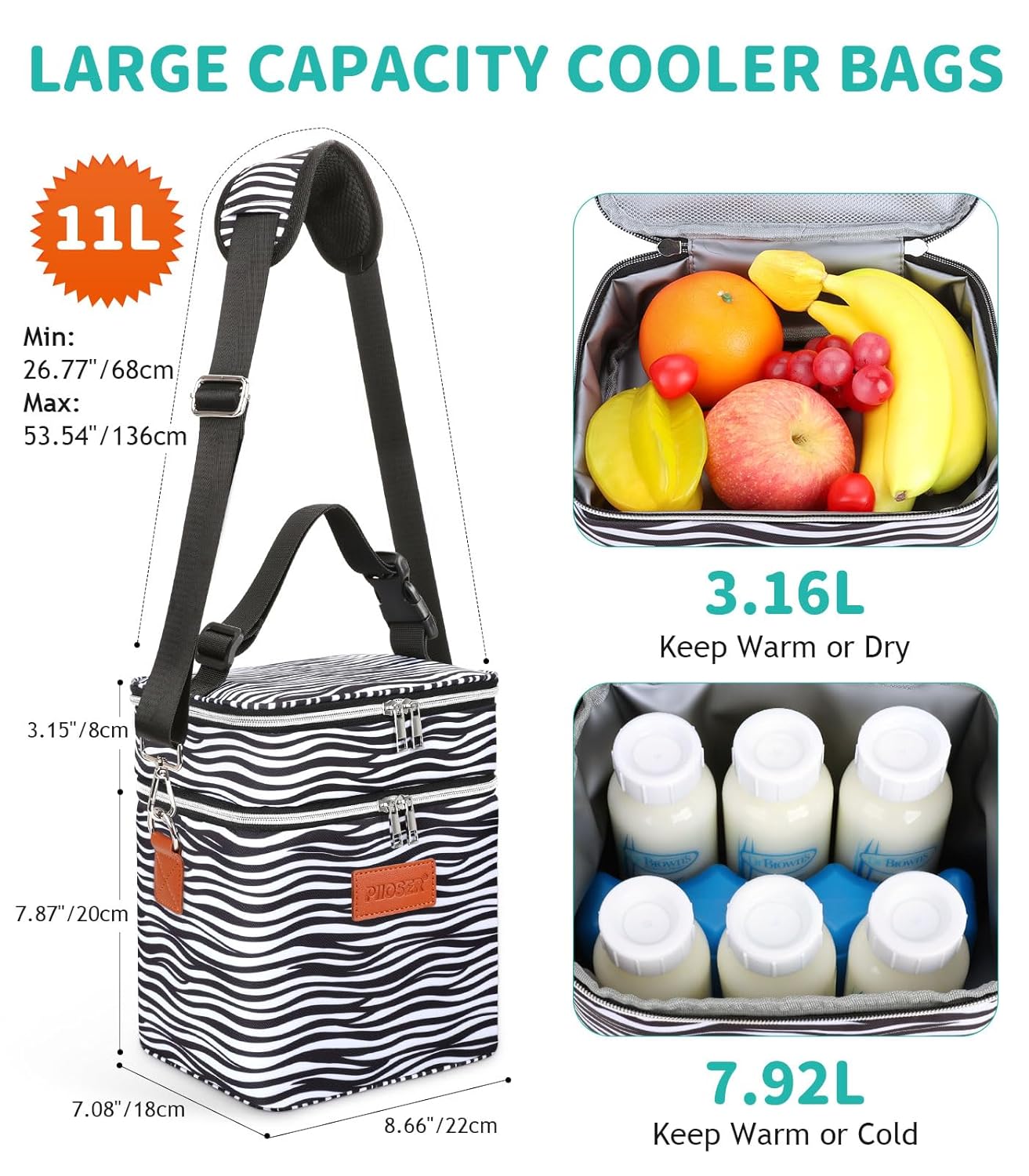 PIIOSER Breastmilk Cooler Bag with Ice Pack Fits 6 Baby Bottles Up to 9 Ounce, Insulated Baby Bottle Tote Bags, Double Layer Waterproof Leak-Proof with Shoulder Strap for Nursing & Working Mom (Grey)