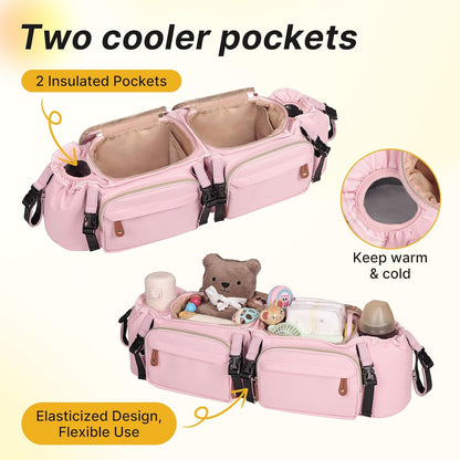 Boomistry Double Stroller Organizer for Bob Duallie and Baby Jogger City Mini GT2, Double Stroller Caddy Organizers with Cup Holder and 2 Cooler Pockets Parent Console Double Stroller Accessories