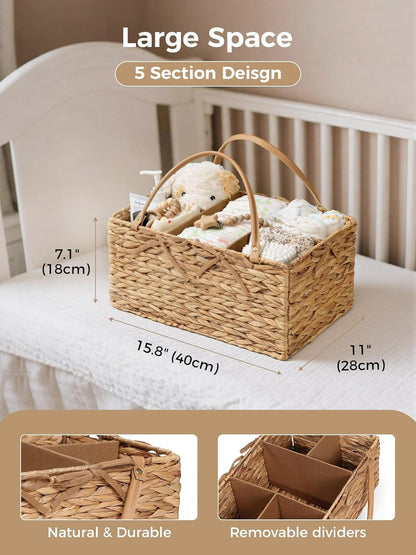 Diaper Caddy Organizer, Hand Rattan Nursery Storage Basket for Baby Essentials, Baby Changing Table Organizer Perfect Nursery Assistant, Easy Assemble (Natural Light, L)