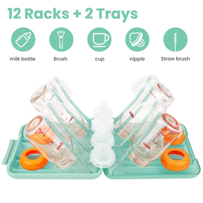 Rrwin Bottle Brush Cleaner Kit with Baby Bottle Drying Rack, Exendable Silicone Bottle Brush, Nipple Brush, Straw Brush, Soap Dispenser & Storage Box. Compact Size for Babies and Moms,Green