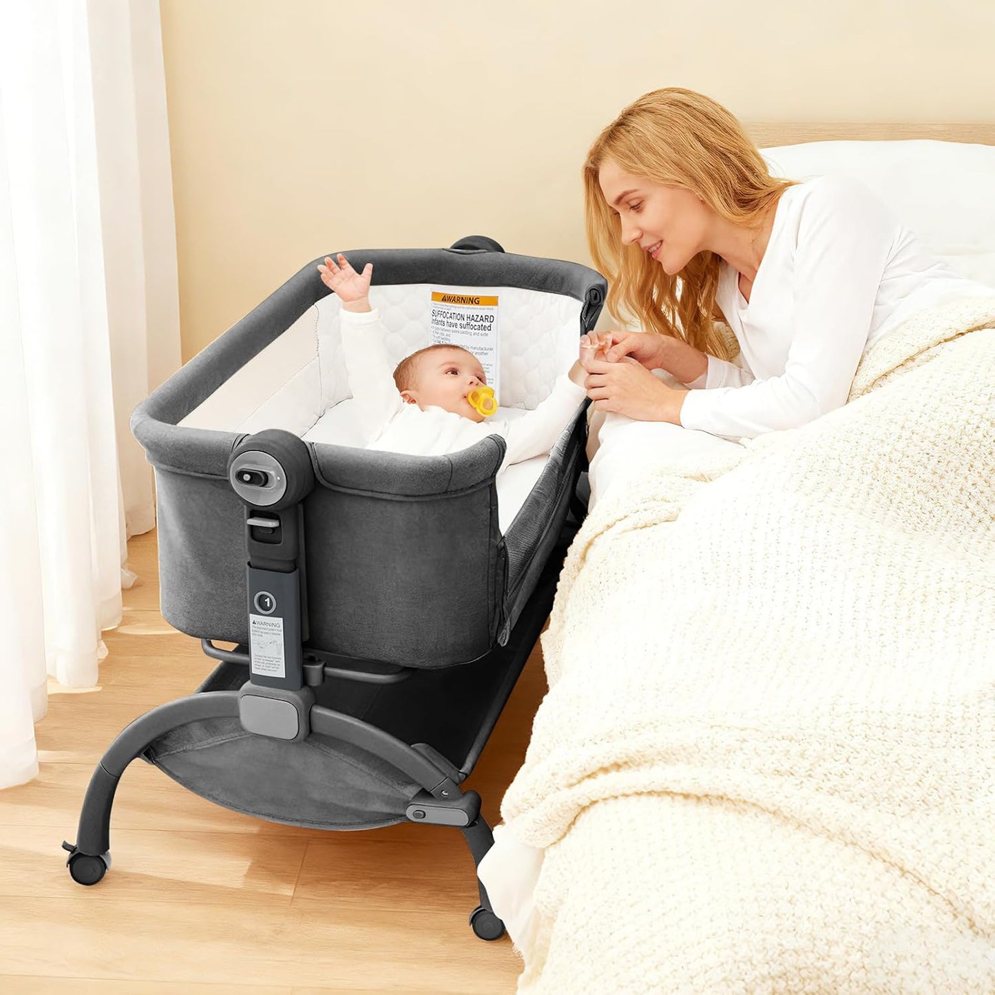 GarveeTech Bedside Bassinet Baby Bassinet for Baby, 3 in 1 Bedside Sleeper with Baby Co-Sleeper Travel Crib with Detachable Mosquito Net & Storage Basket | Adjustable Height, Wheels Included (Khaki)