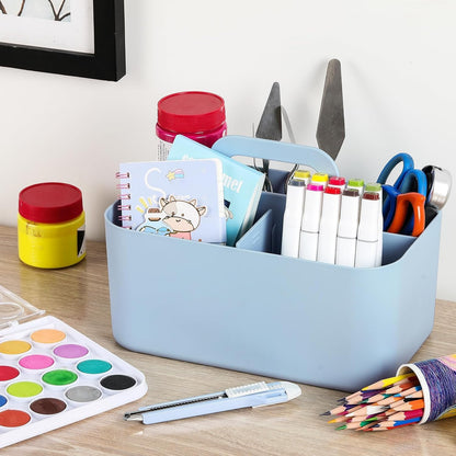 Multiuse Caddy Organizer with Handle, Portable Divided Plastic Tote Bin - Art Craft, Stationary Pen Marker Crayons, Makeup Hair Supplies Storage - Bathroom, Classroom, Dorm, Office, Desk Holder - Pink