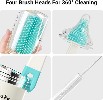 Aynmer Baby Bottle Brush, 10 in 1 Travel Baby Bottle Cleaner Brush Set with Silicone Brush, Nipple Brush, Straw Brush, Soap Dispenser, Portable Drying Rack, Breast Pump & Bottle Cleaning Kit - Pink