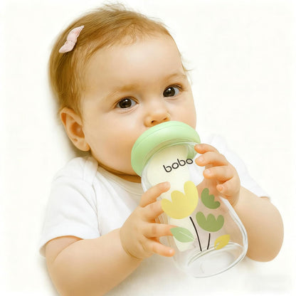 YOHKOH Natural Glass Baby Bottle with Level 1 Slow Flow Nipple, Newborn Anti-Colic Baby Bottles, Wide Neck Mushroom Baby Glass Bottle (Multicolour-A, 3.4oz (Pack of 4))