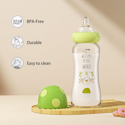 YOHKOH Natural Glass Baby Bottle with Level 1 Slow Flow Nipple, Newborn Anti-Colic Baby Bottles, Wide Neck Mushroom Baby Glass Bottle (Multicolour-A, 3.4oz (Pack of 4))