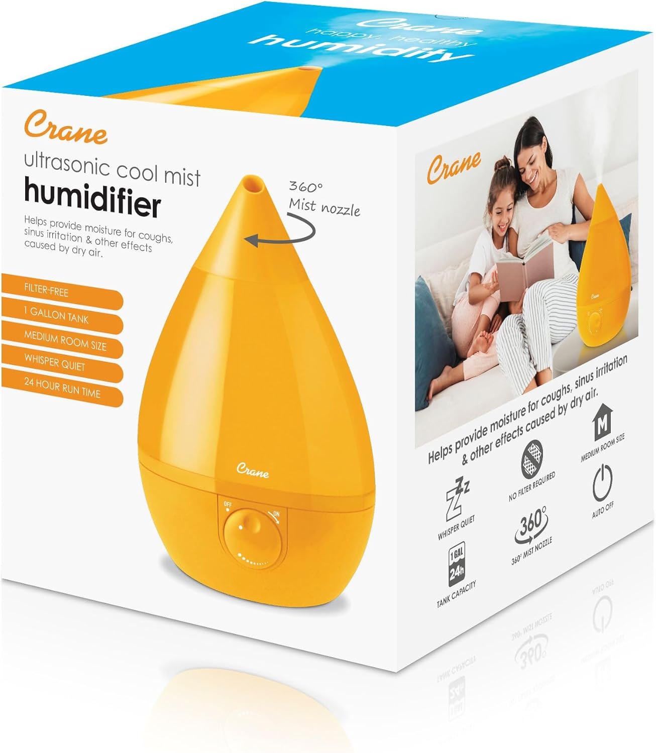Crane Ultrasonic Cool Mist Humidifier for Bedroom, Baby Nursery, Kids Room, Plants, or Office, Large 1 Gallon Tank, Filter Optional, Clear and White