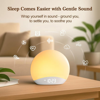 REACHER Wood Grain Sunrise Alarm Clock and Sound Machine Nightlight, Digital Dimmable Clock for Bedroom, 26 Sleep Sounds, White Noise Machine for Baby, Adults, Wake Up Light Alarm Clock for Kids