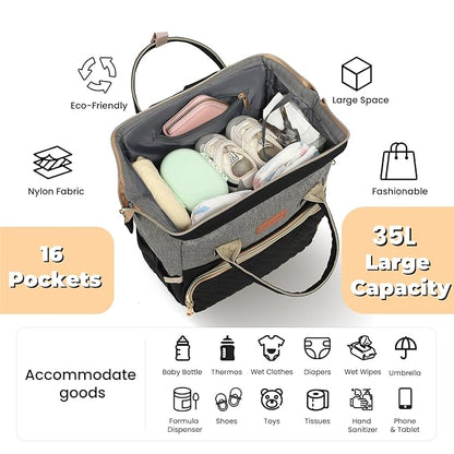 ROSEGIN Diaper Bag Backpack with Changing Pad, Pacifier Case, Baby Bag for Boy Girl Toddler - Large, Stylish, Waterproof Travel Quilted Diaper Bag for Mom - Baby Shower - Black Grey