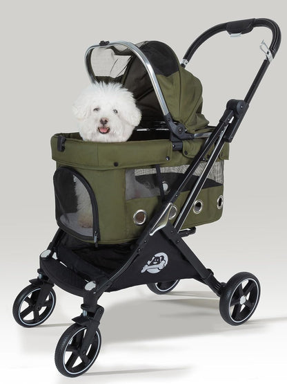 JK Pawadore 4 Wheels Pet Stroller Best Lightweight Foldable Portable Secure Easy Lock NO-Zip 180 ̊ Canopy Sun Shades Waterproof for Small/Medium Dogs 33lbs with Large Storage Basket (Khaki)