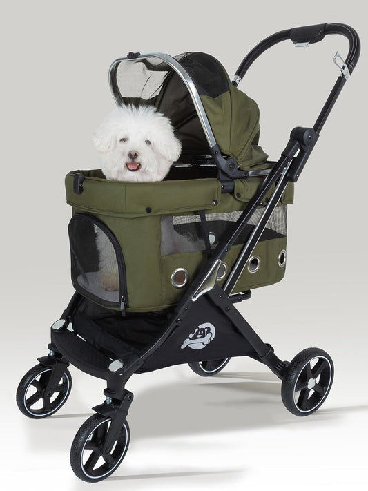 JK Pawadore 4 Wheels Pet Stroller Best Lightweight Foldable Portable Secure Easy Lock NO-Zip 180 ̊ Canopy Sun Shades Waterproof for Small/Medium Dogs 33lbs with Large Storage Basket (Khaki)