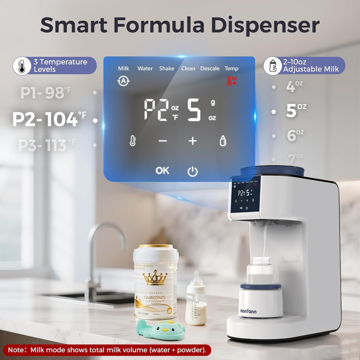 MOMFANN Automatic Baby Formula Maker – Fast Formula Dispenser for Instantly Mixing Warm Bottles with Precise Powder & Water Ratio, 3 Temp Settings, One-Touch Clean, Fits Most Bottles & Formula Brands