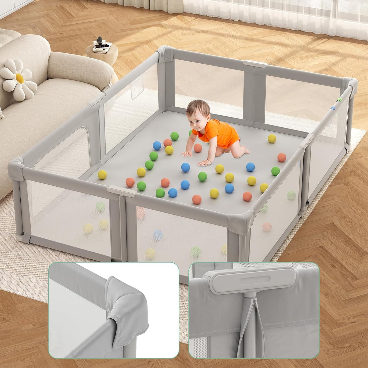 Foldable Playpen for Babies and Toddlers, 51" Portable Play Pen with Mat and Ocean Balls, Play Yard with with Visible Mesh for Inddor and Outdoor, No Assembly Required, Dark Gray