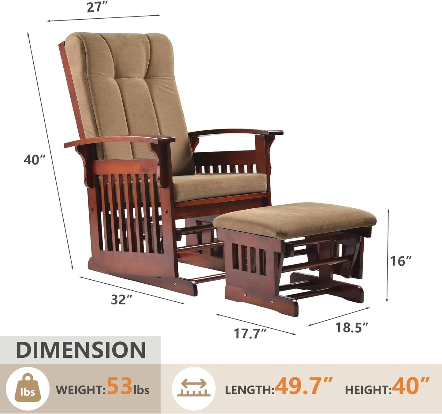 Rubber Wood Gliding Rocking Chair for Nursery, Rocking Chair Glider Rocker with Arm Rest, Padded Cushion for Living Room Bedroom Reading Room, 280lbs Weight Capacity, Blue