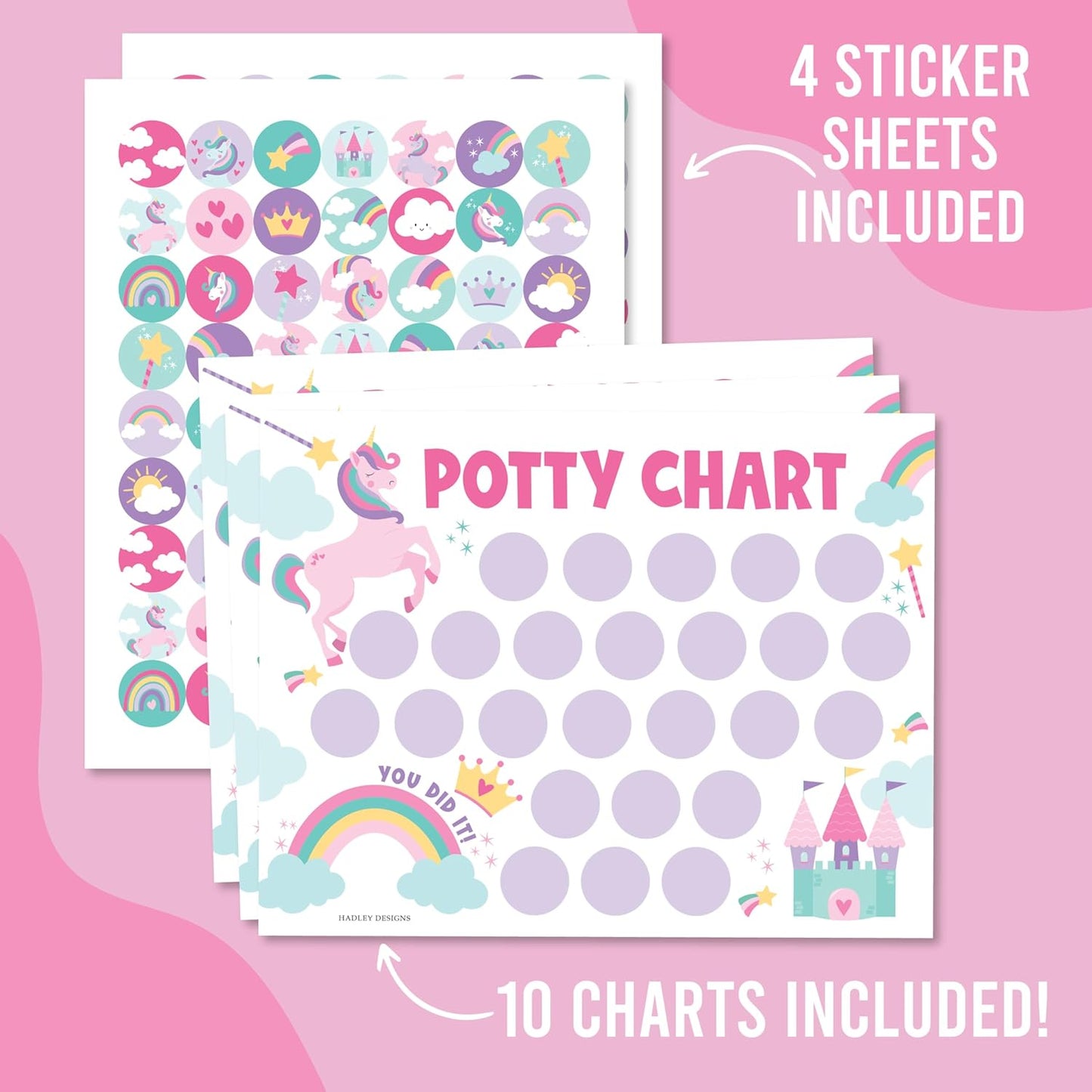 Hadley Designs Potty Training Chart for Toddlers Girls -10 Sticker Potty Chart for Toddlers Girls, 8.5x11" Potty Training Sticker Charts for Toilet Success, Unicorn Toddler Reward Chart for Kids