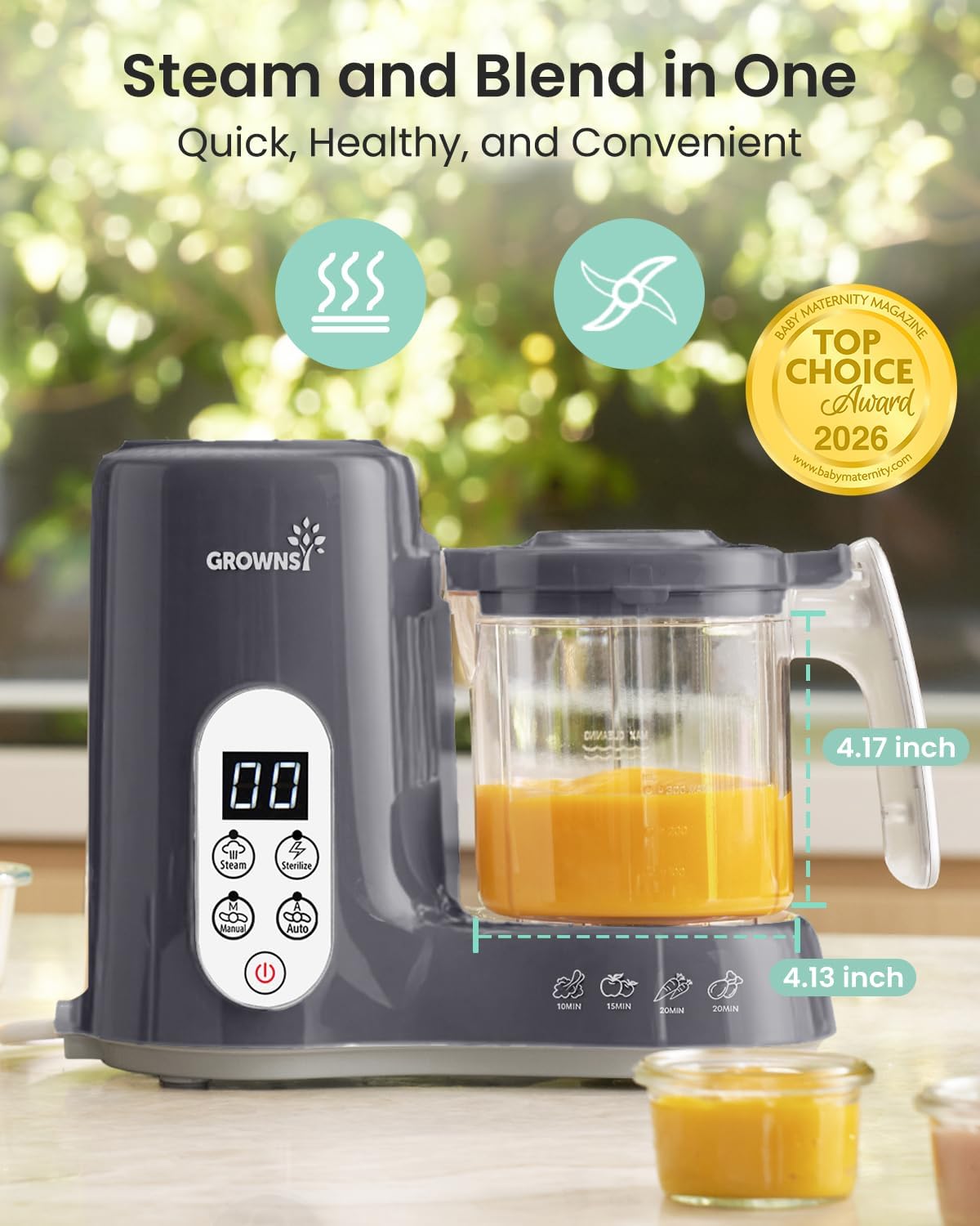 Grownsy Baby Food Maker with Steam Basket, One Step Baby Food Processor Steamer Puree Blender Grinder Mills Machine, Auto Cooking Grinding and Sterili-zing for Healthy Homemade Baby Food, Blue