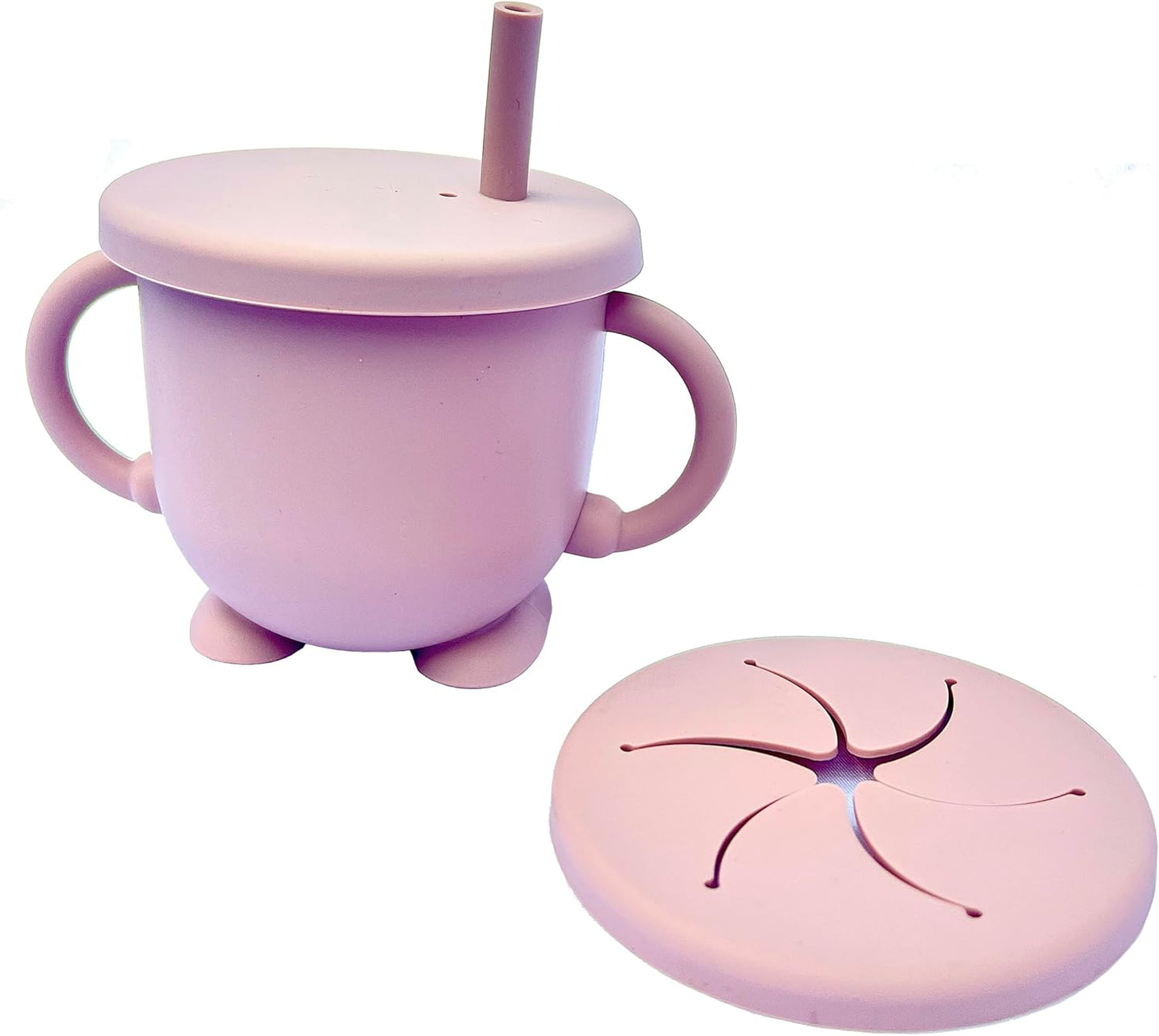 Kotaria 9 Piece Pink Toddler Silicone Dinner Set. Includes Bib, Suction Compartment Plate with lid, Cup with Straw and lid for Snack time, Bowl, Fork and Spoon.