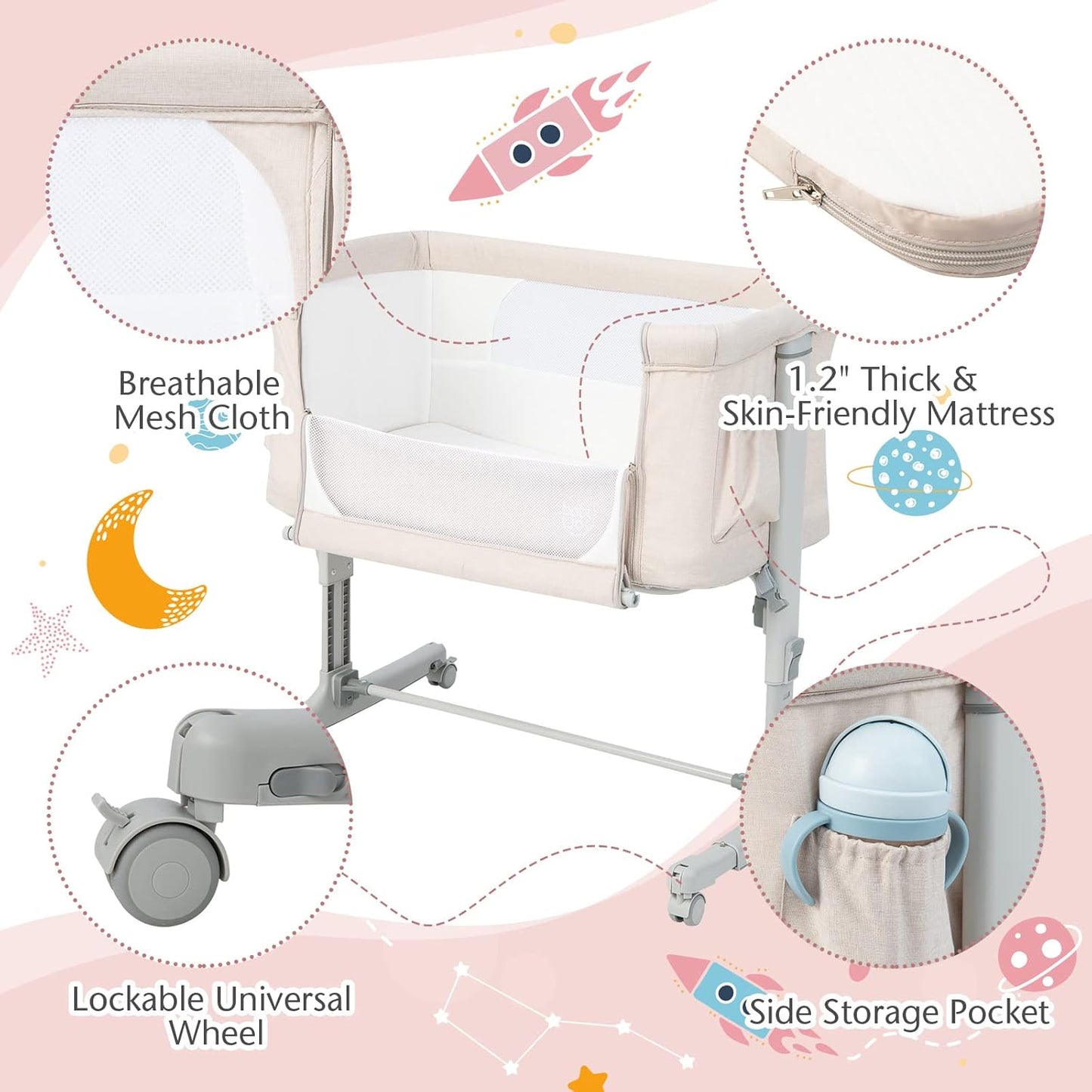 BABY JOY Bassinet Bedside Sleeper, 3 in 1 Folding Crib w/Adjustable Height, Mattress, Lockable Wheels, Storage Pocket & Carry Bag for Infant Newborn, Stationary & Rock, Portable Baby Bassinet (Grey)