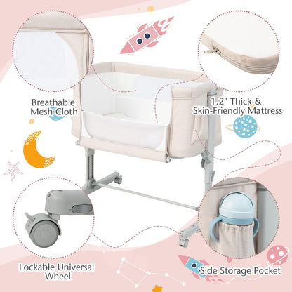 BABY JOY Bassinet Bedside Sleeper, 3 in 1 Folding Crib w/Adjustable Height, Mattress, Lockable Wheels, Storage Pocket & Carry Bag for Infant Newborn, Stationary & Rock, Portable Baby Bassinet (Grey)