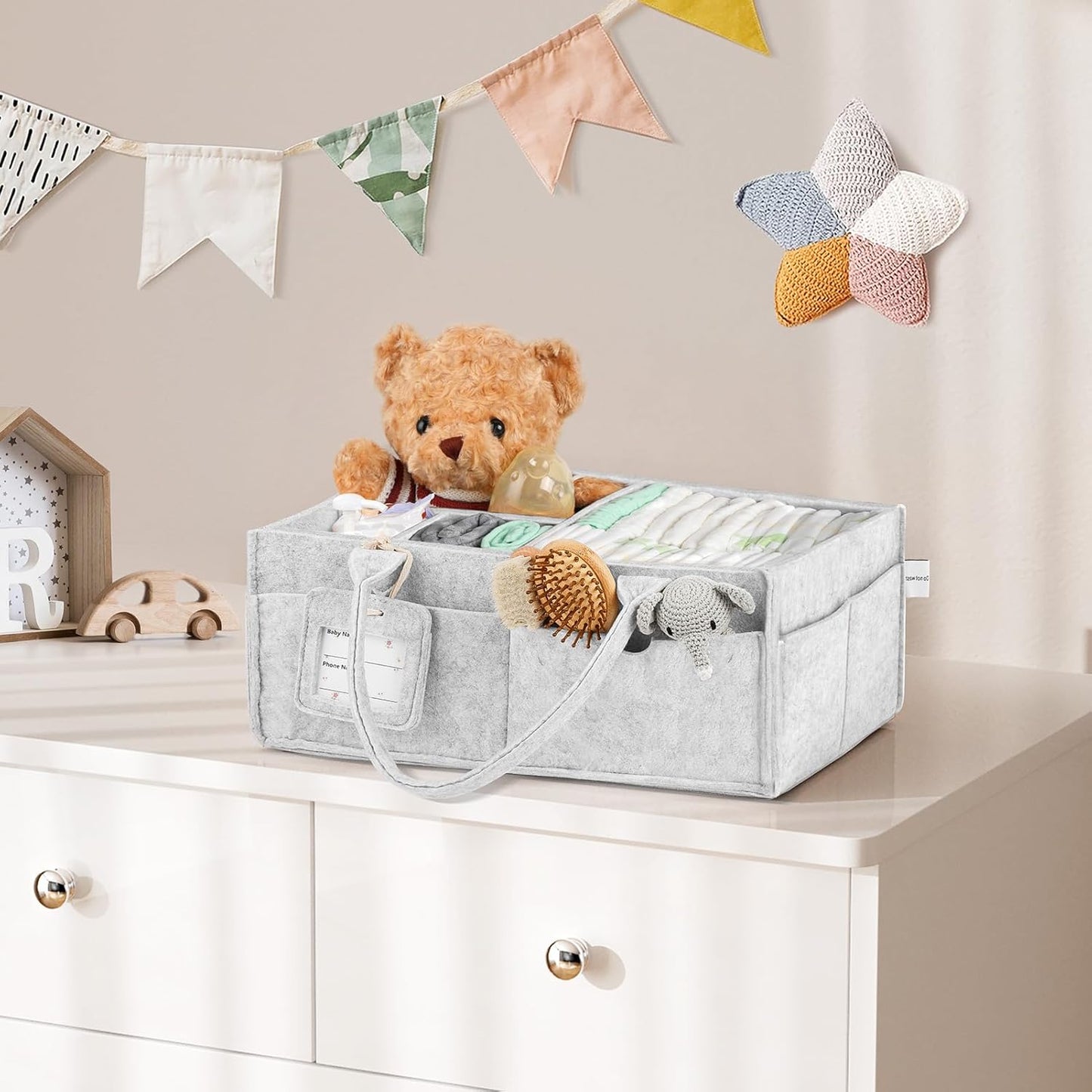 GEMII Diaper Caddy Organizer-Large Baby Caddy Organizer with Handle, Newborn Registry Essentials, Baby Shower Basket Gifts for Boys or Girls (Oatmeal, Large)