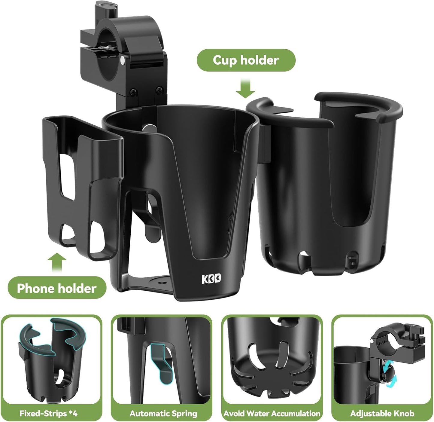 KDD Stroller Cup Holder with Phone Holder, 3-in-1 Removable Bottle Holder, 360 Degrees Rotation Drink Holder for Wheelchair, Stroller, Bike, Walker, Scooter, Bicycle, Uppababy, Bugaboo, Britax