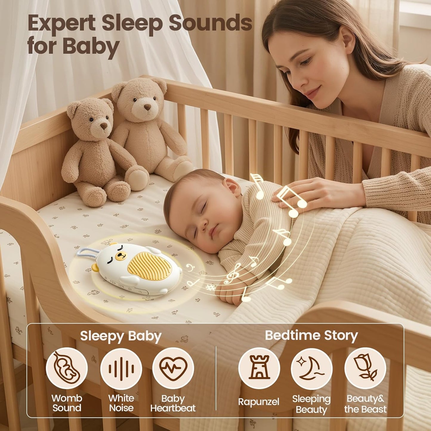 Vaydeer Baby Sound Machine for Sleep, White Noise Machine with 115 Sounds & 4 Modes, for New Moms & Newborns, Baby Sleep Soother, 54 dB Safe,Gift for Mom, Nursery Essentials