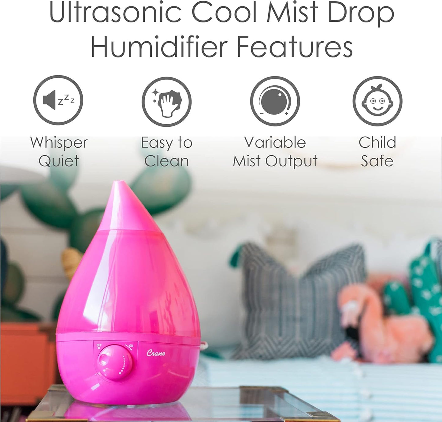 Crane Ultrasonic Cool Mist Humidifier for Bedroom, Baby Nursery, Kids Room, Plants, or Office, Large 1 Gallon Tank, Filter Optional, Clear and White