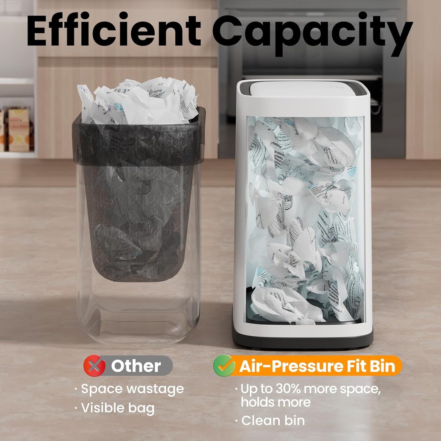 Small Bathroom Trash Can with Lid, 8L / 2.1 Gallon Narrow Garbage Bin with Wheels, Air-Press Bag Expander & Inner Bucket, Press Top Wastebasket for Bedroom, Office, Toilet, Odor Sealing Diaper Pail