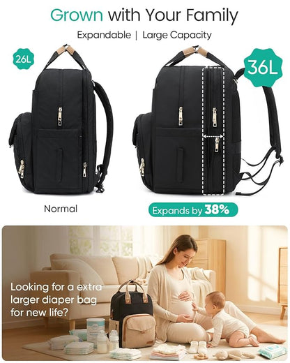 Qualyphant Extra Large Diaper Bag Backpack for Two Kids Twins - Expandable (26-36L) Baby Bag for Mom Girls Boys, Dual Big Compartments - Includes Changing Pad & Stroller Straps, Black, Quilted