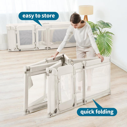 Sweeby Foldable Baby Playpen, Baby Gate Playpens for Babies and Toddlers 79x71 Extra Large Play Yard with Door Fence with Mat and Indoor Play Pen,Light Grey