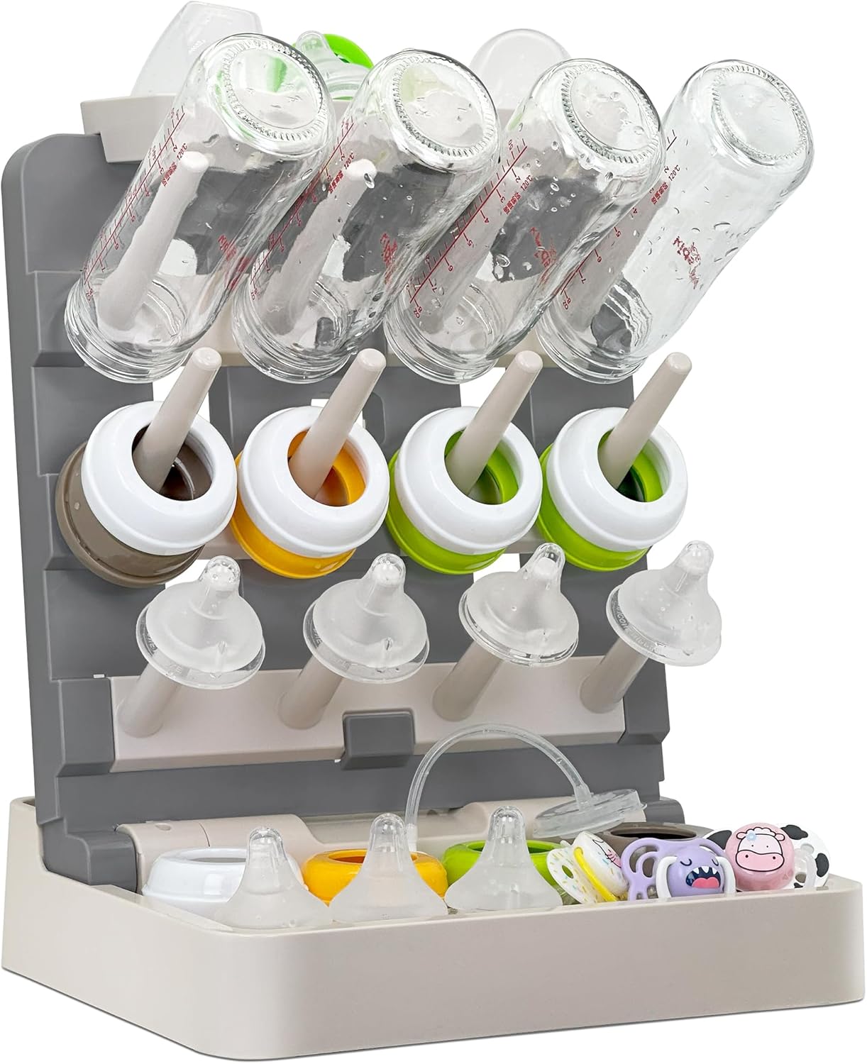 Baby Bottle Drying Rack, Vertical Standing Bottle Dryer Rack Holder-Space Saving Baby Bottle Drying Rack for Countertop-Holds Up to 12 Baby Bottles & Cup(Gray & Khaki)