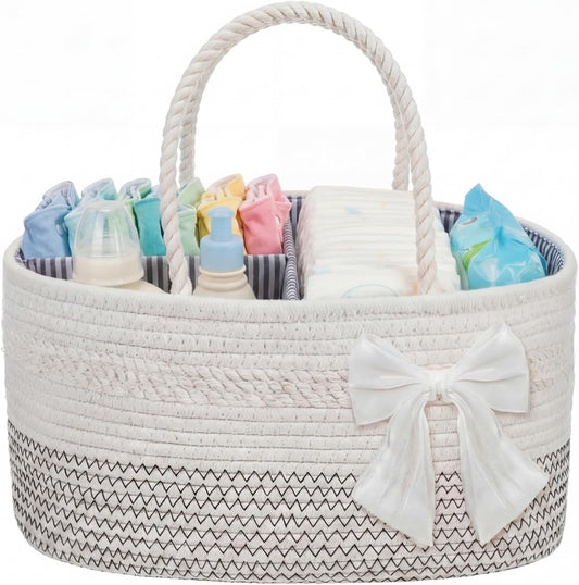Zopeal Mother‘s Day Diaper Caddy Organizer Large Cotton Rope Baby Basket with Removable Divider Portable Nursery Storage for Diapers & Wipes Changing Table Organizer for Newborn Baby Shower Supplies
