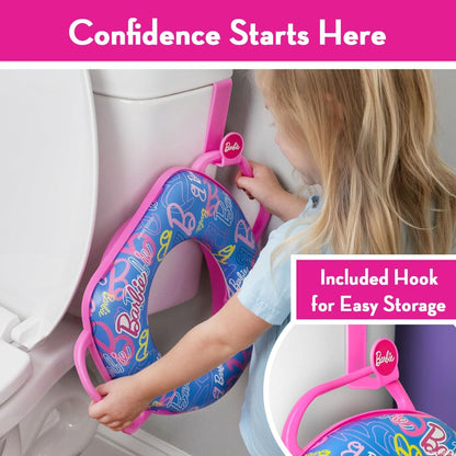 Barbie™ Soft Potty Training Seat for Toilet with Storage Hook, Cushioned Non-Slip Potty Ring with Splash Guard, Built-in Handles for Toddlers, Pink & Blue Barbie Theme