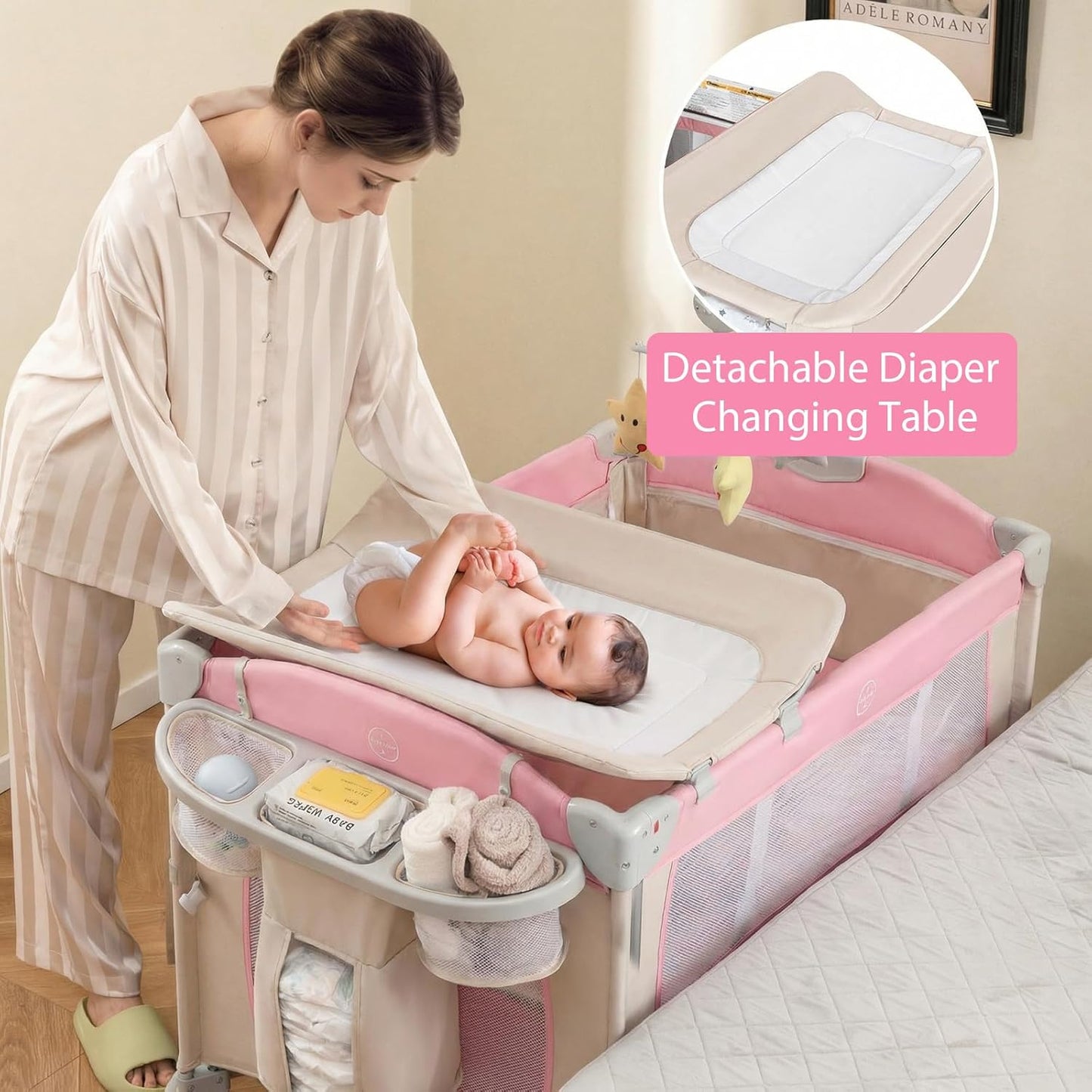 BABY JOY 5-in-1 Pack and Play, Portable Baby Bedside Sleeper with Bassinet, U-Shaped Diaper Changer, Safety Strap, Side Zipper Entrance, Hangings, Bedside Crib Playard from Newborn to Toddlers (Gray)