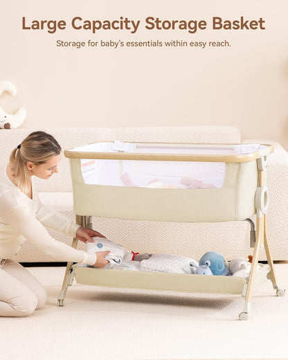 Larex Baby Bassinet Bedside Sleeper Crib Co Sleeper for Newborn Infant Toddler with Mosquito Net, Storage Bag & Basket, 5-Height Adjustable, Movable Wheels, Breathable Mattress & Mesh (Dark Gray)