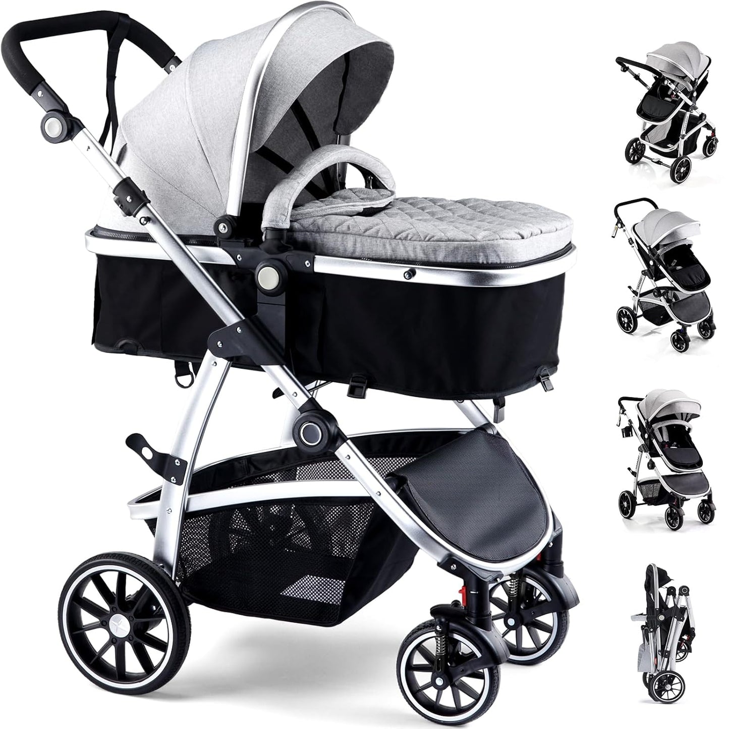 Baby Stroller, 2-in-1 Reversible Toddler Seat with Lie-Flat Mode, Foldable Infant Stroller with Canopy, One Button Brake, Adjustable Handle, Newborn Pushchair (Black B)