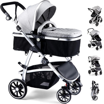Baby Stroller, 2-in-1 Reversible Toddler Seat with Lie-Flat Mode, Foldable Infant Stroller with Canopy, One Button Brake, Adjustable Handle, Newborn Pushchair (Black B)