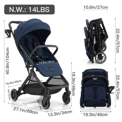 Gromast Compact Fold Baby Stroller, Lightweight Travel Toddler Stroller with One-Click Fold, Extendable UPF50+ Canopy, Cup Holder, UV Protected and Waterproof, One-Hand Folding - Blue