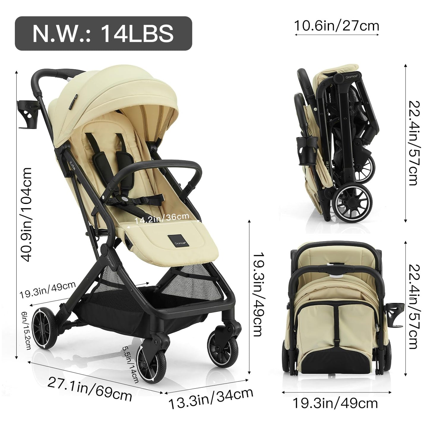 Gromast Compact Fold Baby Stroller, Lightweight Travel Toddler Stroller with One-Click Fold, Extendable UPF50+ Canopy, Cup Holder, UV Protected and Waterproof, One-Hand Folding - Blue