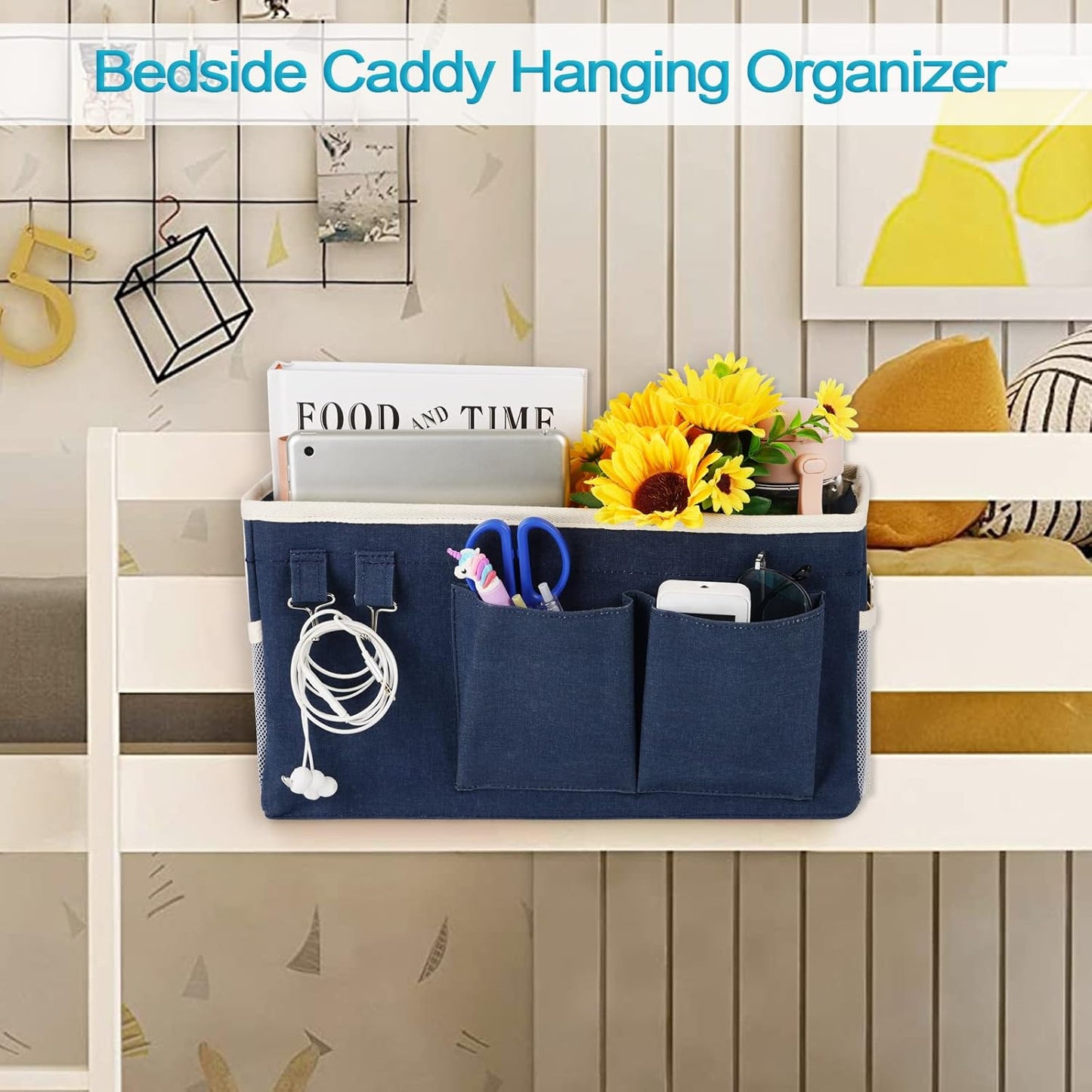 Loghot Bedside Caddy/Bedside Storage Bag Hanging Organizer for Bunk and Hospital Beds,Dorm Rooms Bed Rails,Can be Placed Glasses,Books,Mobile Phones,Keys (White)