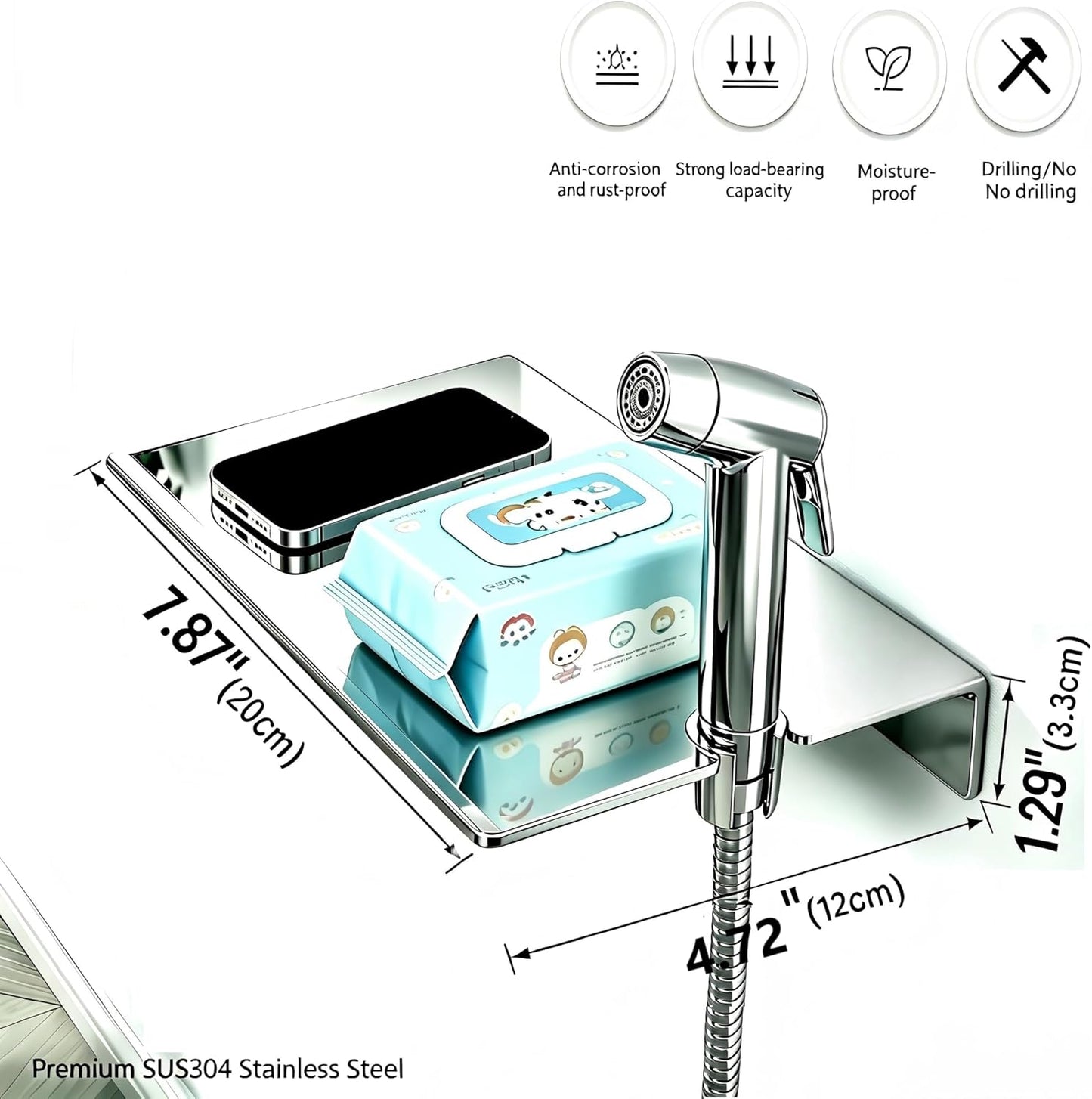 Handheld Bidet Sprayer & Muslim Shower Kit with Storage Shelf, Brass T-Valve, Adjustable Pressure, No Drip, Easy Install Toilet Bidet for Hygiene, Feminine Care, Diaper & Pet Wash, Ceruleanix
