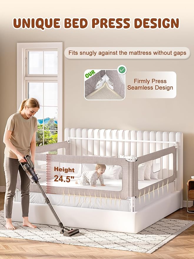 VBABY 3-Piece King Size Bed Rails for Toddler, Adjustable Height Baby Bed Rail Guard, Reinforced Bed Protection Fence for Baby, Grey, 74.8 x 78.7 x 78.7 in