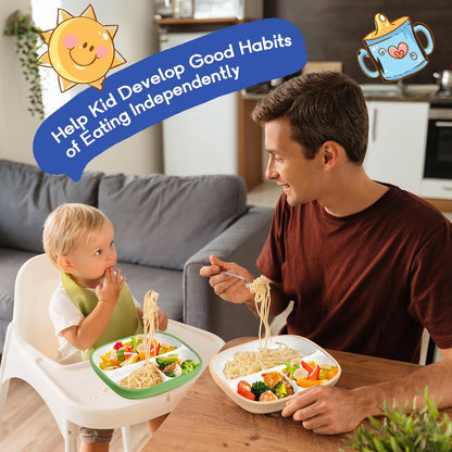 Domensi Kids Porcelain Plates with Silicone Sleeves 8.2 Inch Divided Porcelain Plate Toddler White Suction Dishes for Baby Troubleless Eating Microwave Dishwasher Safe(Stylish,3 Set)