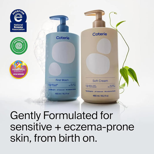 Coterie Baby Dry Skin Skincare Essentials Set | 16.2 oz Face + Body Lotion, 4.7 oz Diaper + Dry Skin Balm | Fragrance Free, Safe for Sensitive Skin, Hypoallergenic, Microbiome Friendly, Eczema Safe