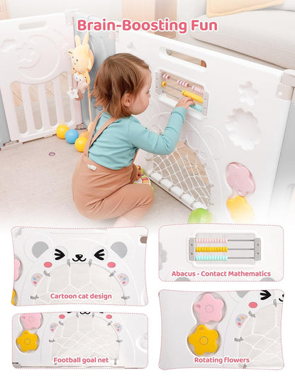 Baby Playpen, Dripex Baby Playard for Babies and Toddlers, 14-Panel Foldable Playpen Adjustable Portable Play Area, Indoor/Outdoor Kids Active Center with Game Panel & Safety Gate, Grey White
